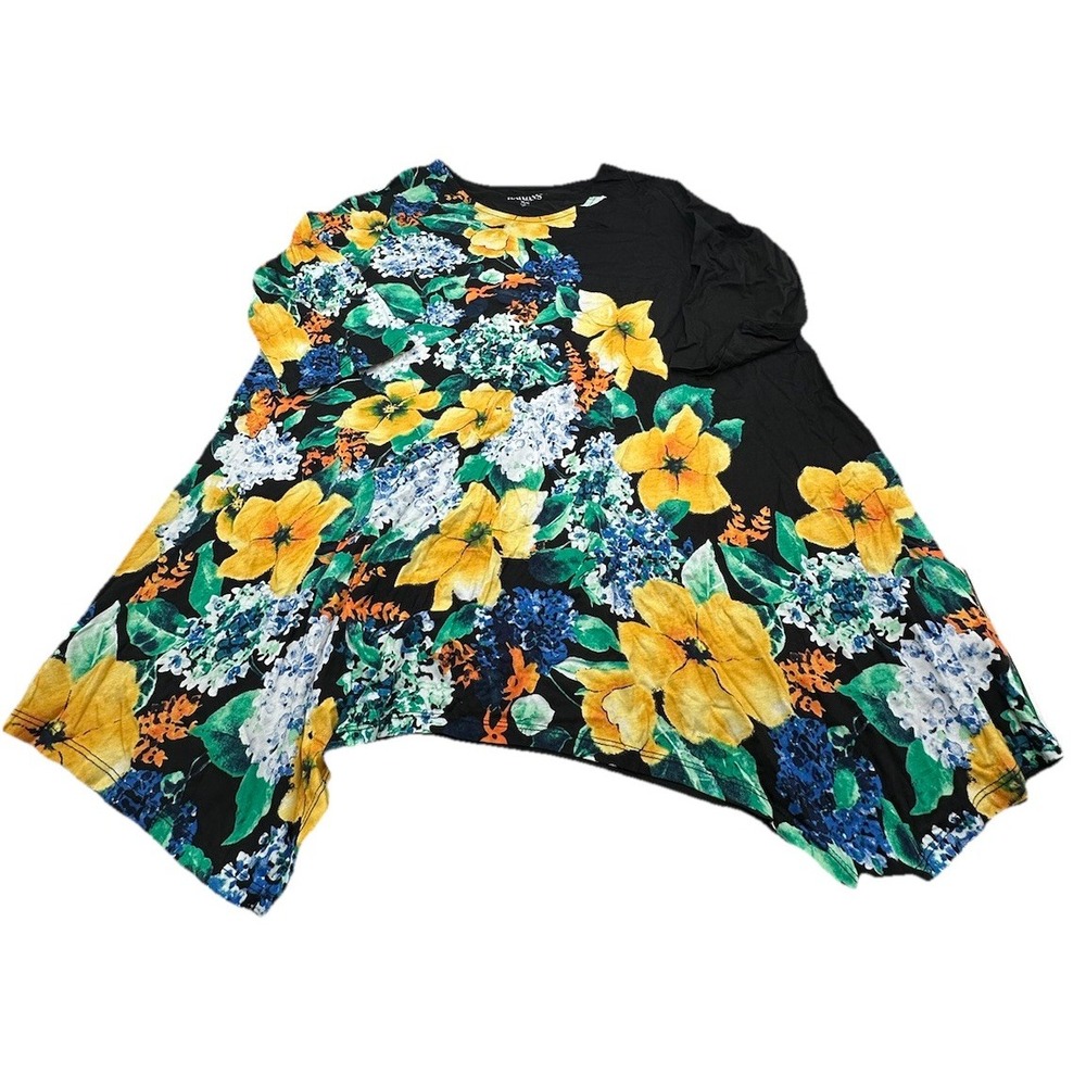 Roaman's Women's Top Size 18/20 Floral 3/4 Sleeve Shirt - Solid Black Reverse